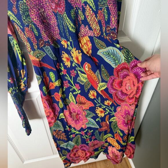 Farm Rio Macaw Bloom Floral Smocked Mock Neck Juliet Dress S - Picture 4 of 8